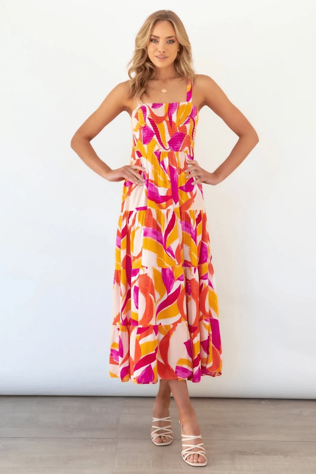 Nina Boutique Printed Tiered Maxi Summer Dress with Ruched Bodice Premium Edit