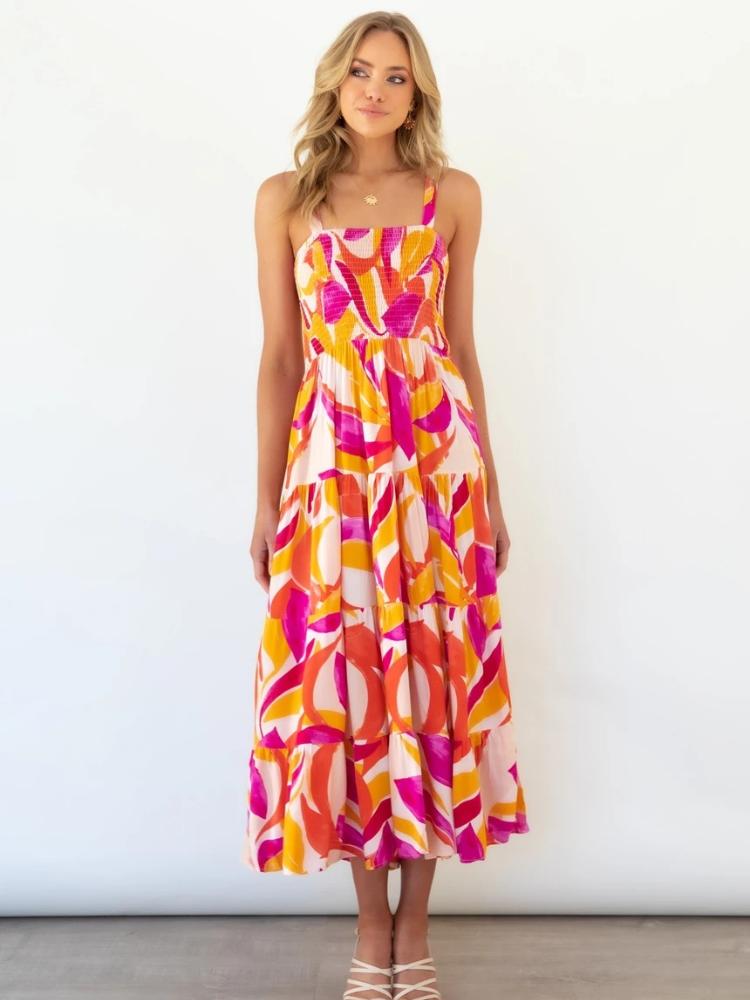 Aranza Minimalist Printed Striped Maxi Summer Dresses Women with Ruffle Top Evening Wear Edit
