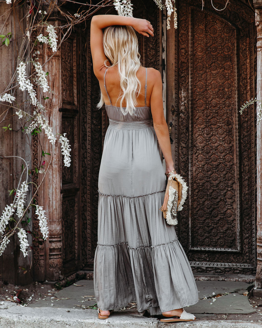 April Rain Pocketed Cutout Maxi Dress Silver Olive