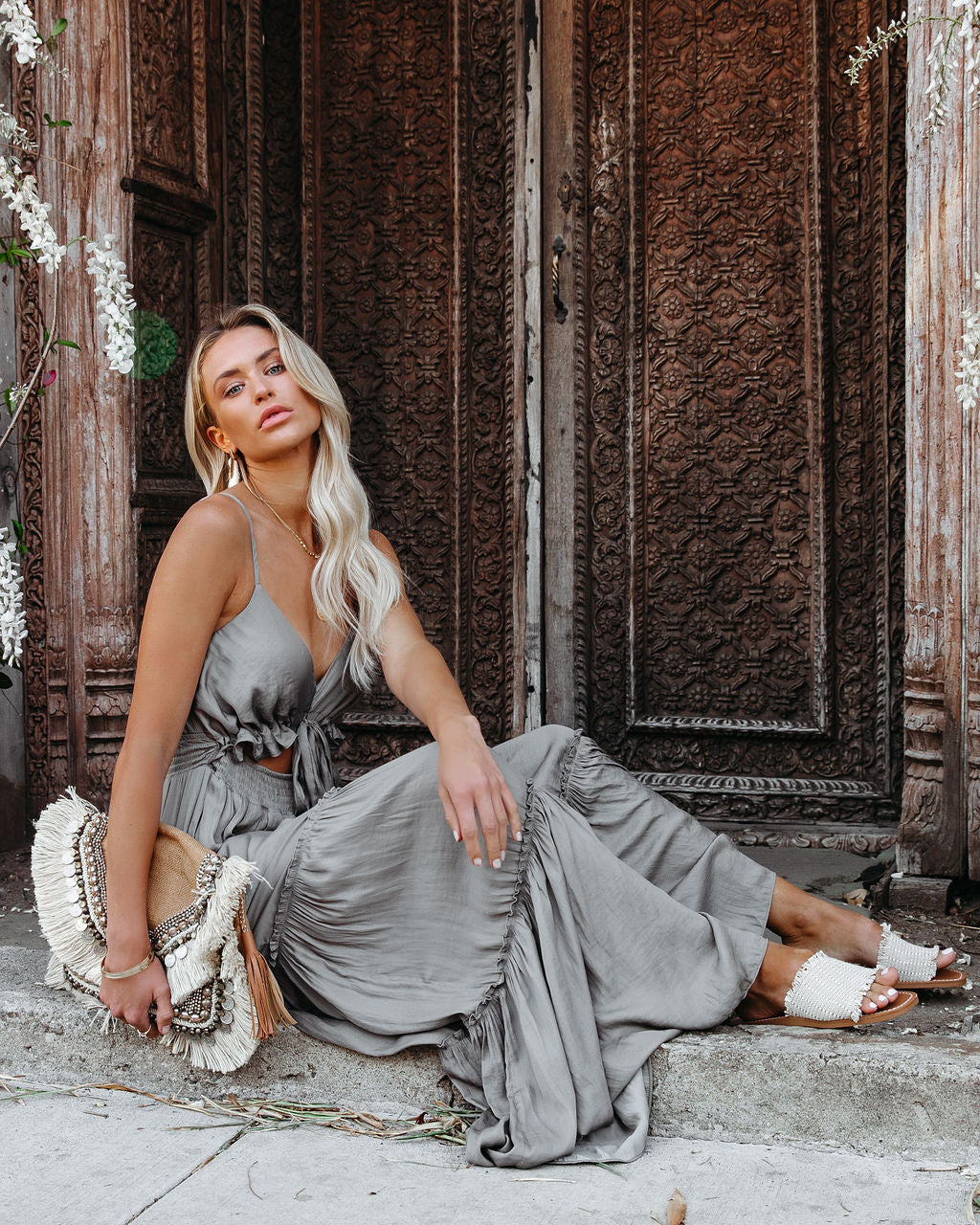 April Rain Pocketed Cutout Maxi Dress Silver Olive