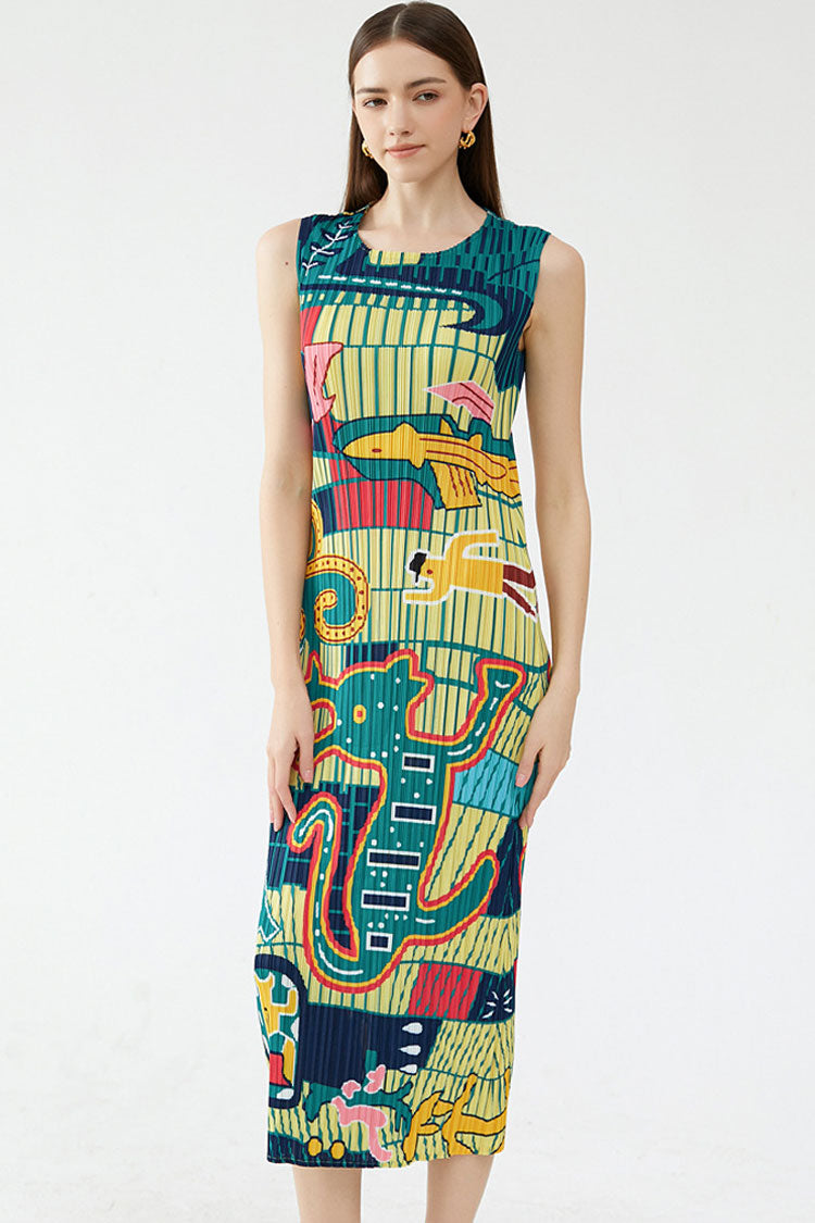 Print Artistic Crew Neck Sleeveless Pleated Bodycon Midi Dress - Green