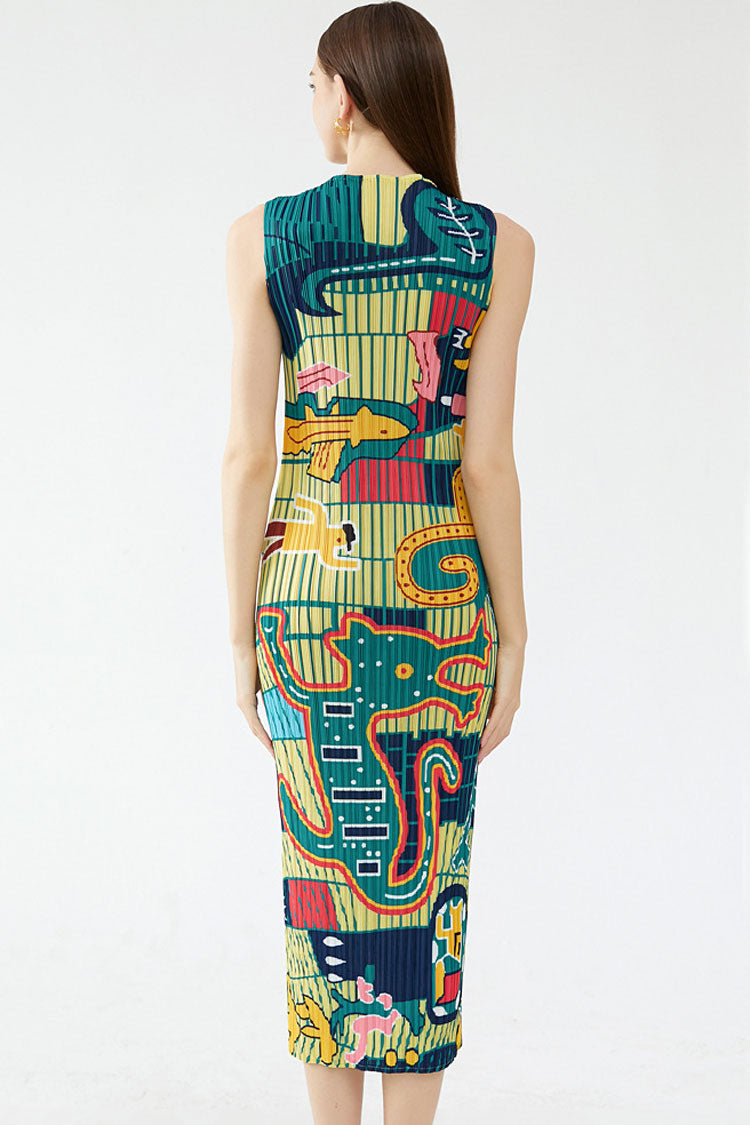 Print Artistic Crew Neck Sleeveless Pleated Bodycon Midi Dress - Green