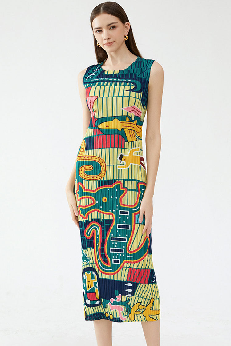 Print Artistic Crew Neck Sleeveless Pleated Bodycon Midi Dress - Green