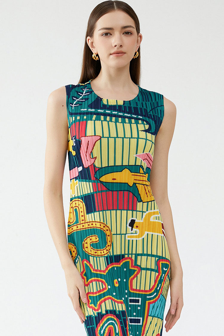 Print Artistic Crew Neck Sleeveless Pleated Bodycon Midi Dress - Green