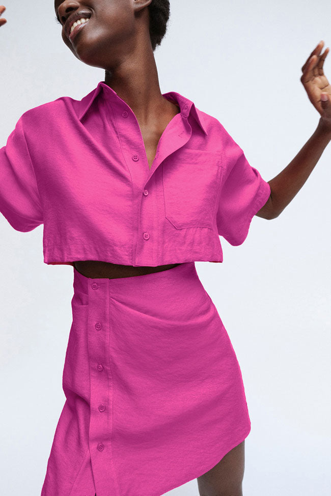 Button Asymmetric Down Short Sleeve Cutout Shirt Mini Dress - Pink