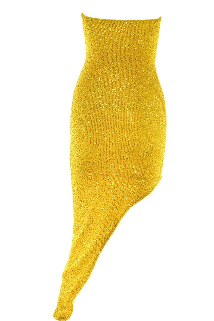 Bustier Asymmetrical Strapless Embellished Sequin Midi Dress - Yellow