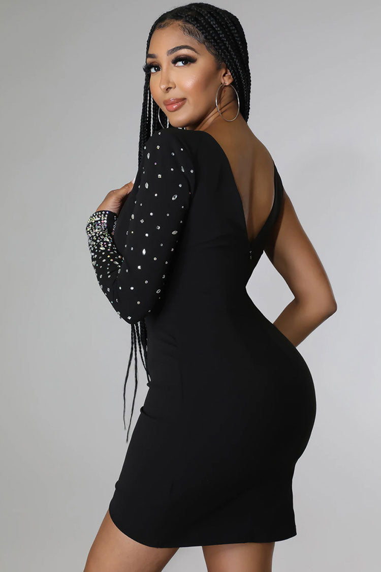 Crystal Asymmetrical Bra Long Sleeve Cutout Bodycon Party Mini Dress - Black