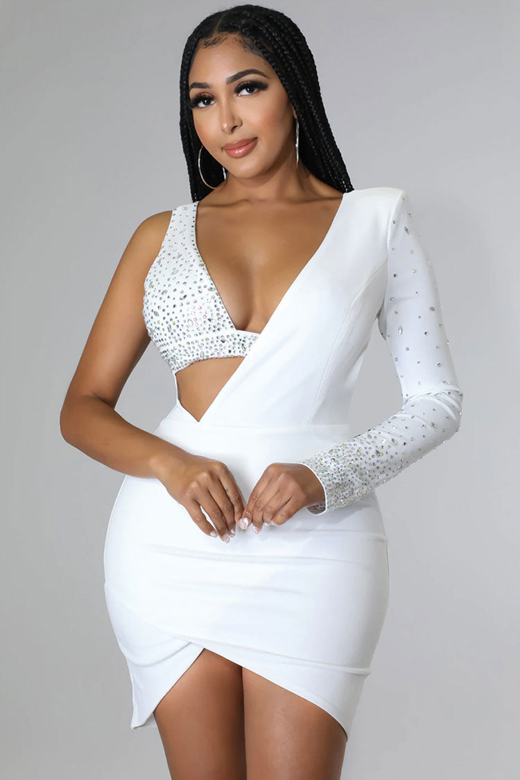 Crystal Asymmetrical Bra Long Sleeve Cutout Bodycon Party Mini Dress - White