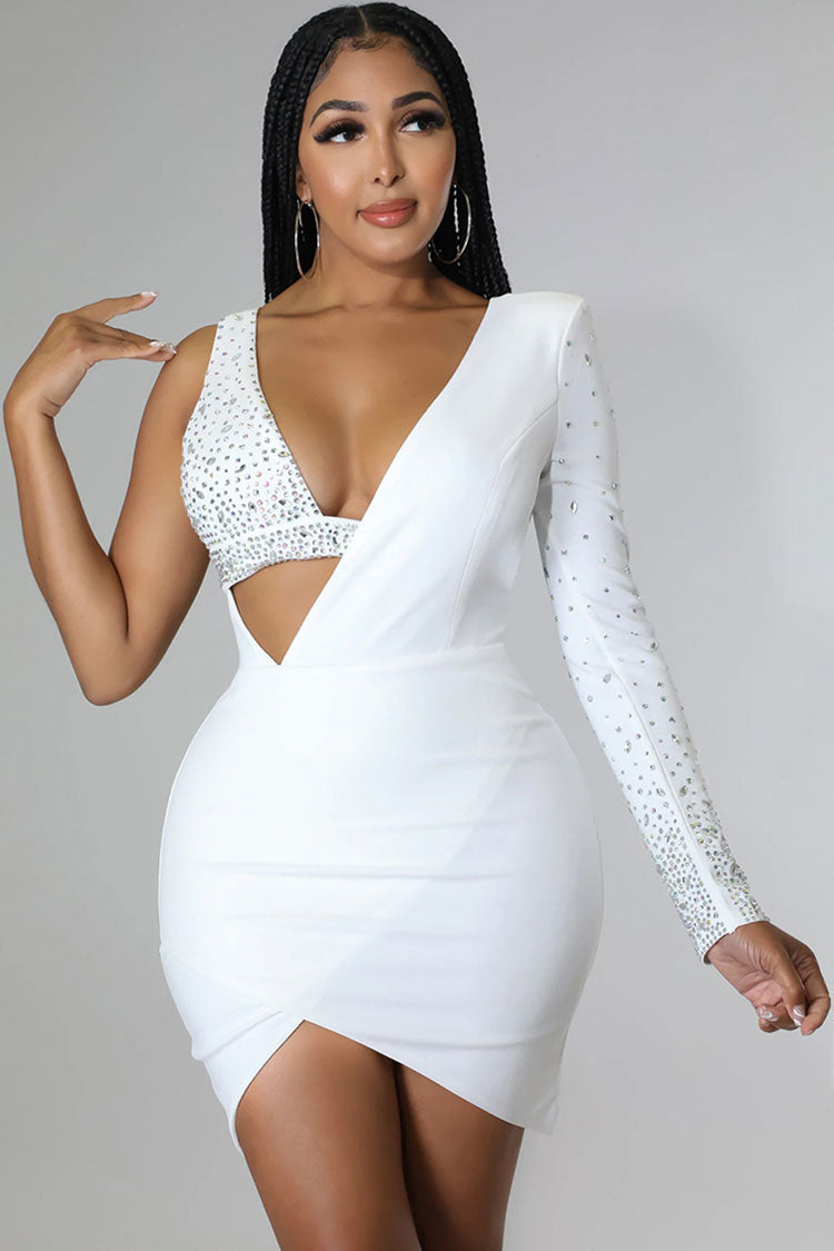 Crystal Asymmetrical Bra Long Sleeve Cutout Bodycon Party Mini Dress - White
