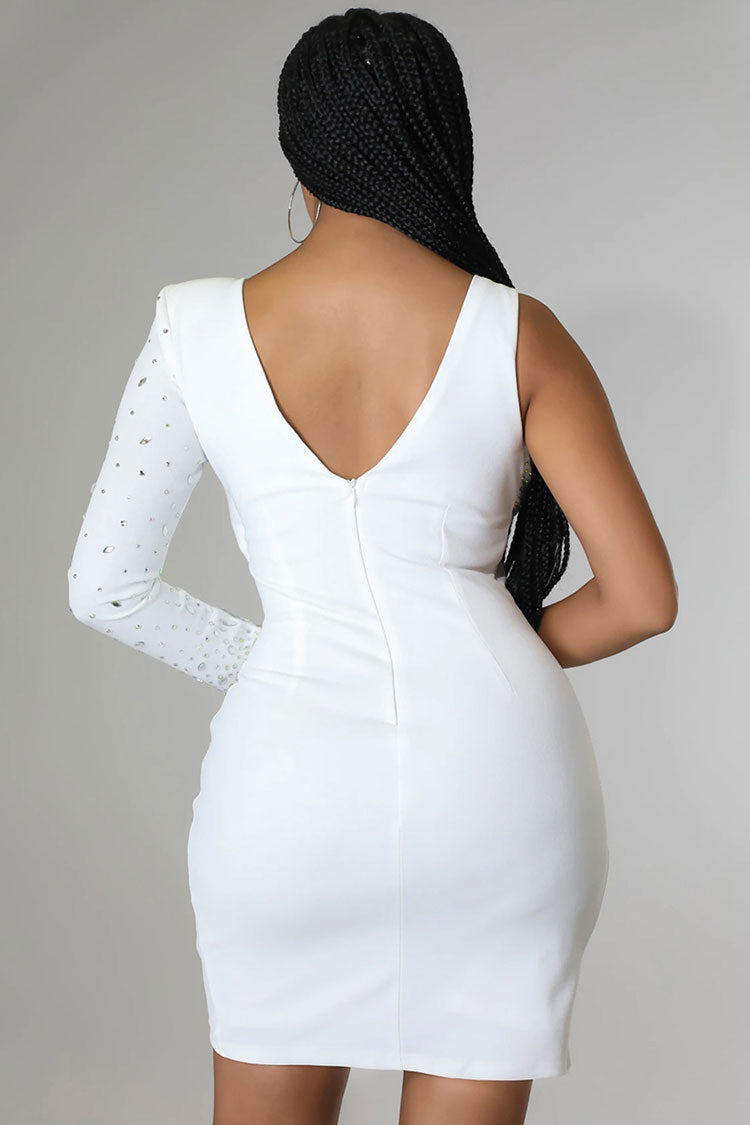 Crystal Asymmetrical Bra Long Sleeve Cutout Bodycon Party Mini Dress - White