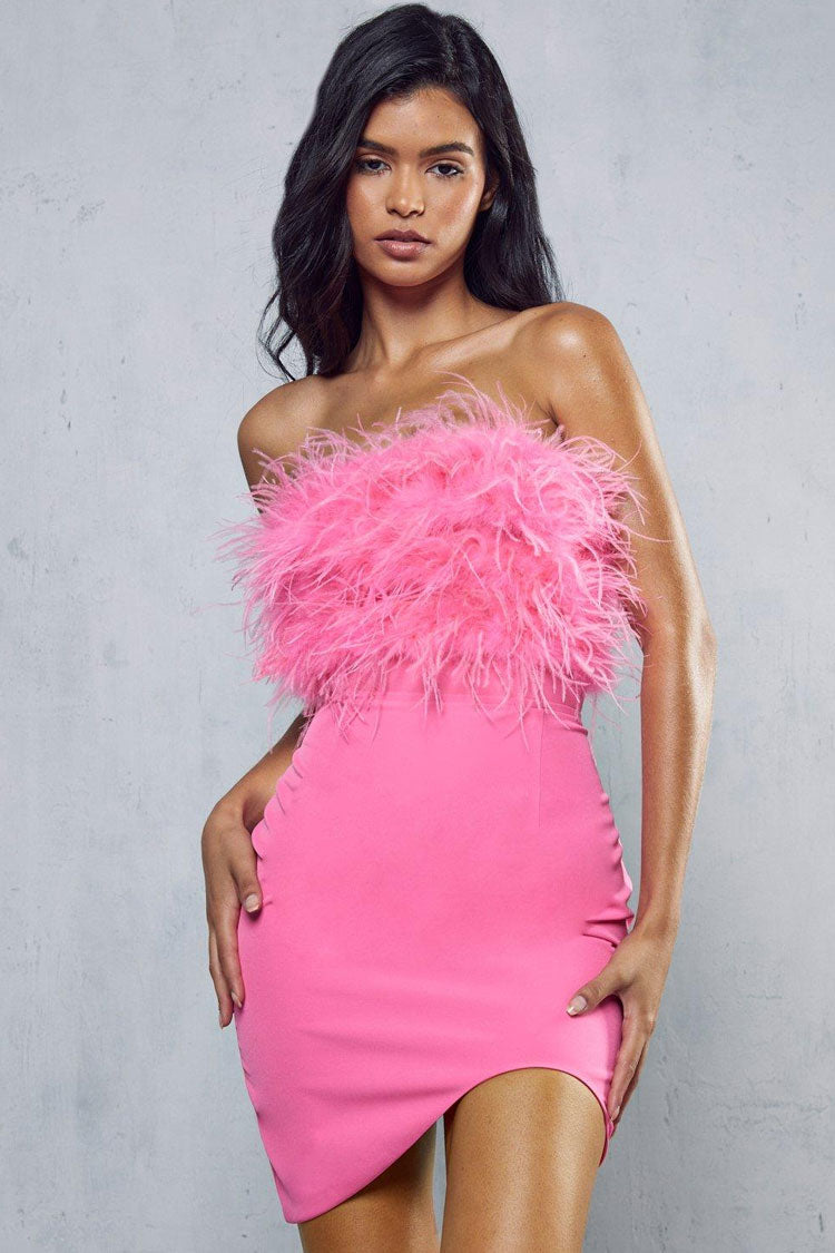 Faux Asymmetrical Feather Trim Cutout Back Strapless Party Mini Dress - Rose