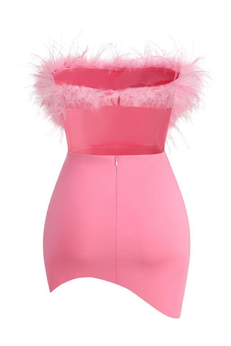 Faux Asymmetrical Feather Trim Cutout Back Strapless Party Mini Dress - Rose