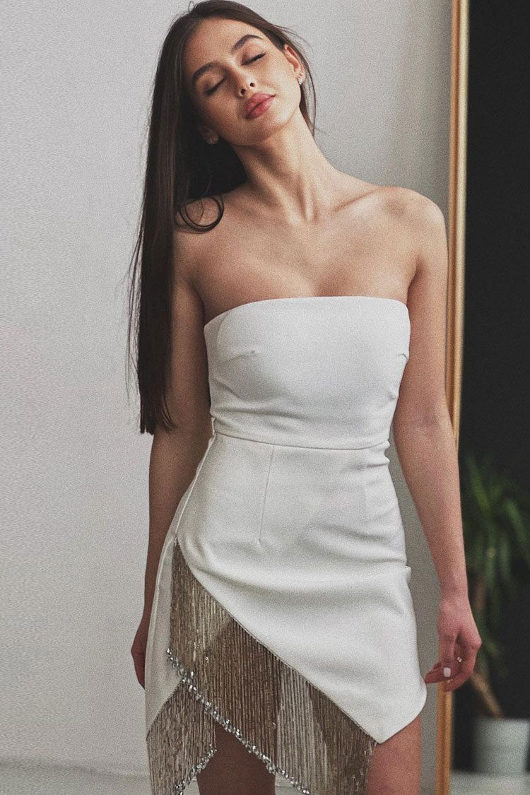 Fringe Asymmetrical Trim Bodycon Bandage Strapless Mini Dress - White