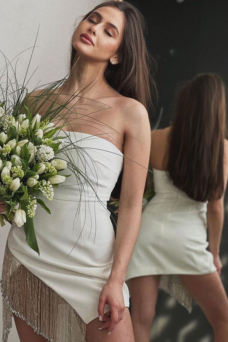 Fringe Asymmetrical Trim Bodycon Bandage Strapless Mini Dress - White
