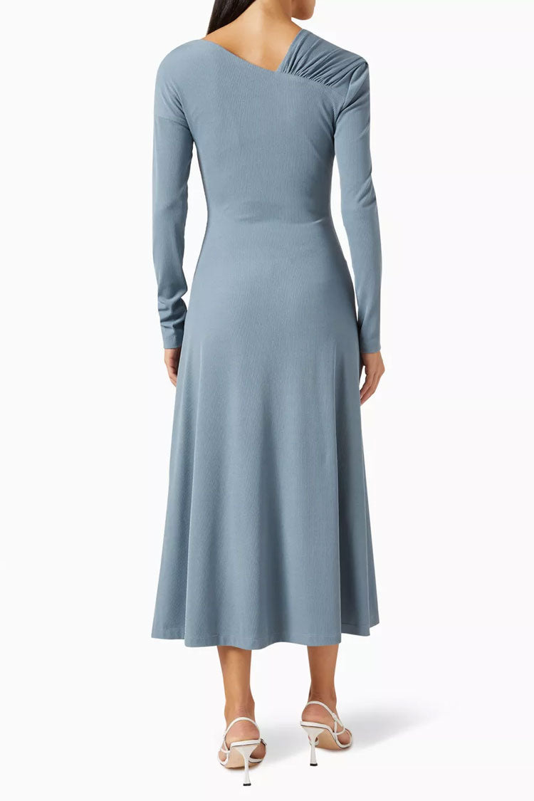 Long Asymmetrical Sleeve Ruched Detail Gradient Ribbed Jersey Midi Dress - Dusty Blue