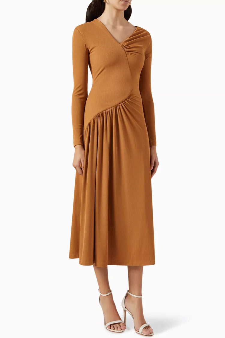 Long Asymmetrical Sleeve Ruched Detail Gradient Ribbed Jersey Midi Dress - Khaki