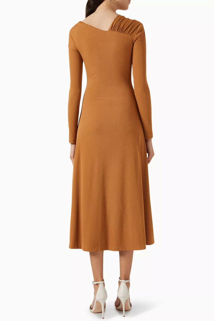 Long Asymmetrical Sleeve Ruched Detail Gradient Ribbed Jersey Midi Dress - Khaki