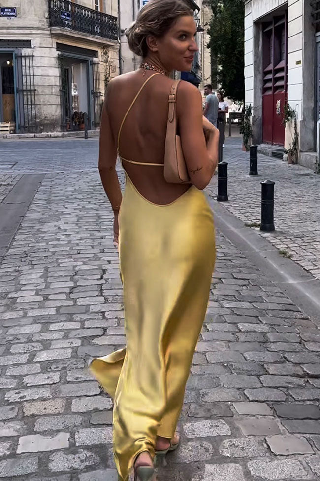 One Asymmetrical Shoulder Backless Satin Sleeveless Midi Dress Muted Yellow