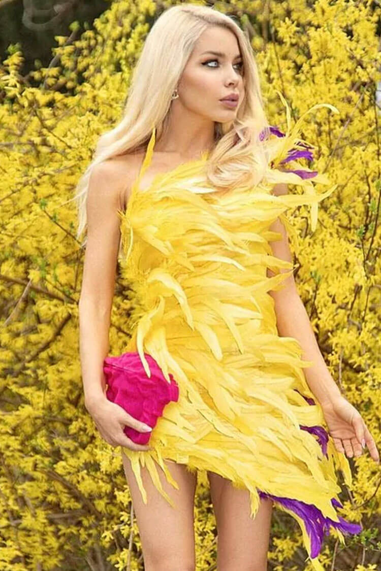 One Asymmetrical Shoulder Bold Feather Trim Mini Dress - Yellow