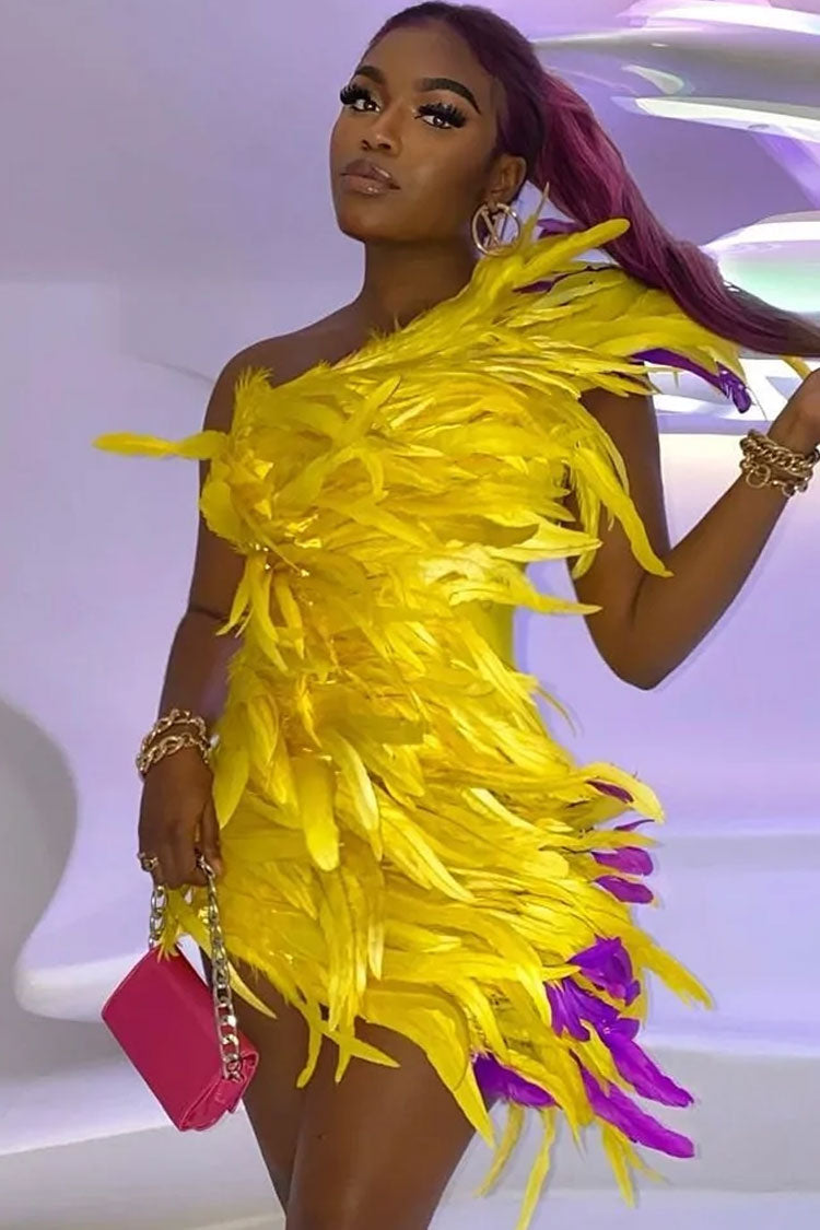 One Asymmetrical Shoulder Bold Feather Trim Mini Dress - Yellow