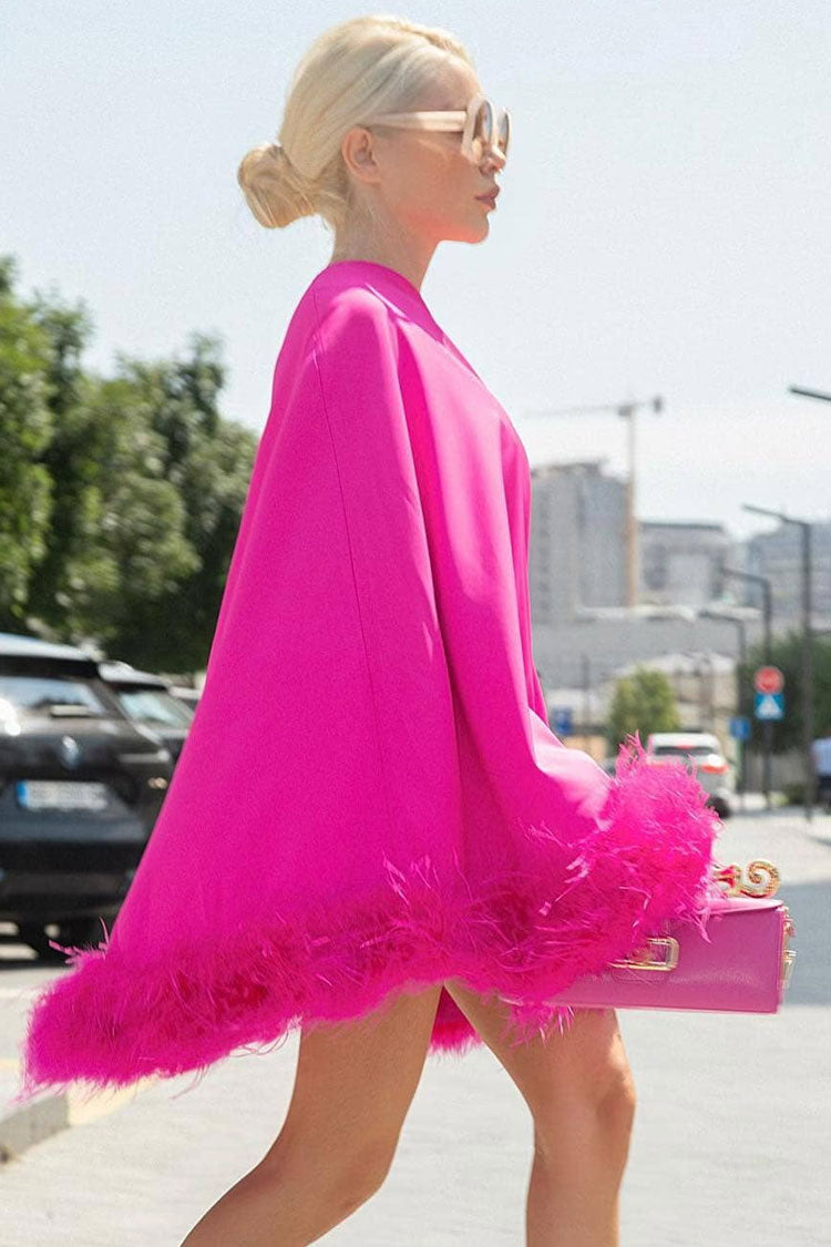 One Asymmetrical Shoulder Feather Trim A Line Party Mini Dress - Hot Pink