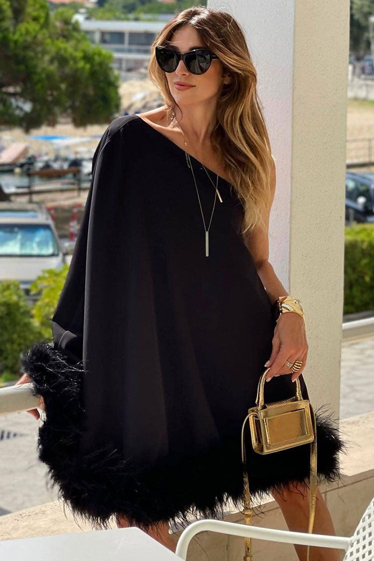 One Asymmetrical Shoulder Feather Trim A Line Party Mini Dress - Black