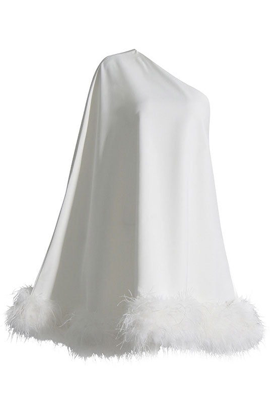 One Asymmetrical Shoulder Feather Trim A Line Party Mini Dress - White