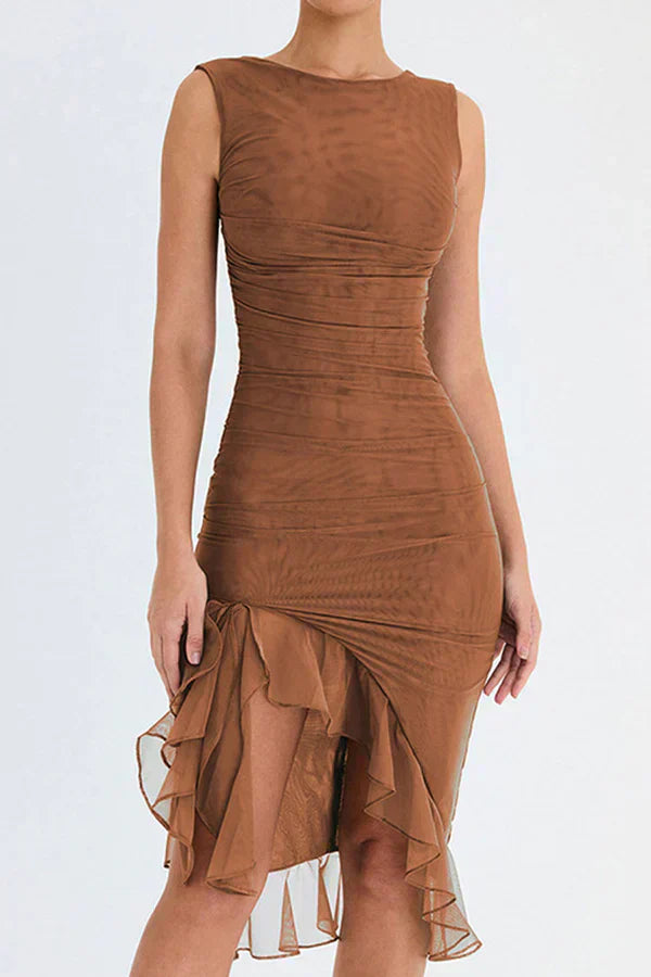 | Elita Boat Neck Ruffle Sheath Dress
