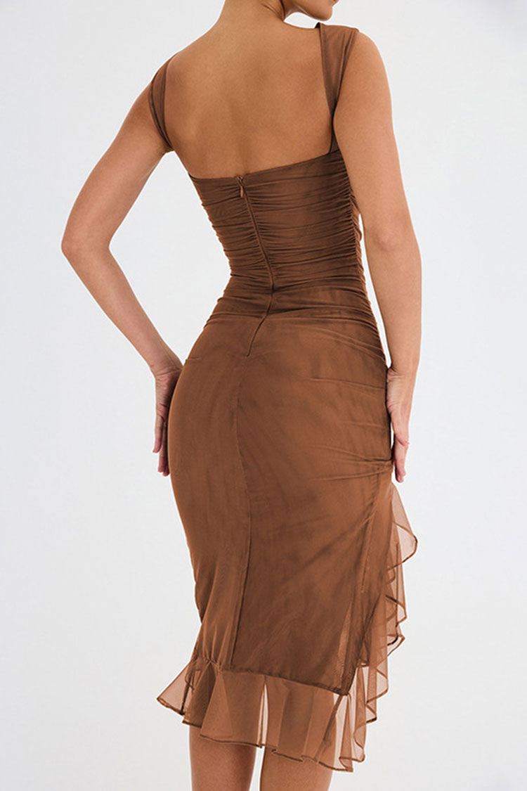 Sleeveless Asymmetrical Mesh Ruffle Ruched Bodycon Party Midi Dress - Brown