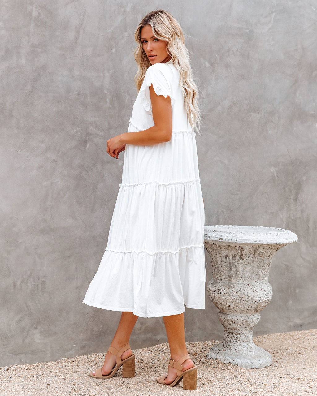 Cotton Avalon Ruffle Tiered Midi Dress White