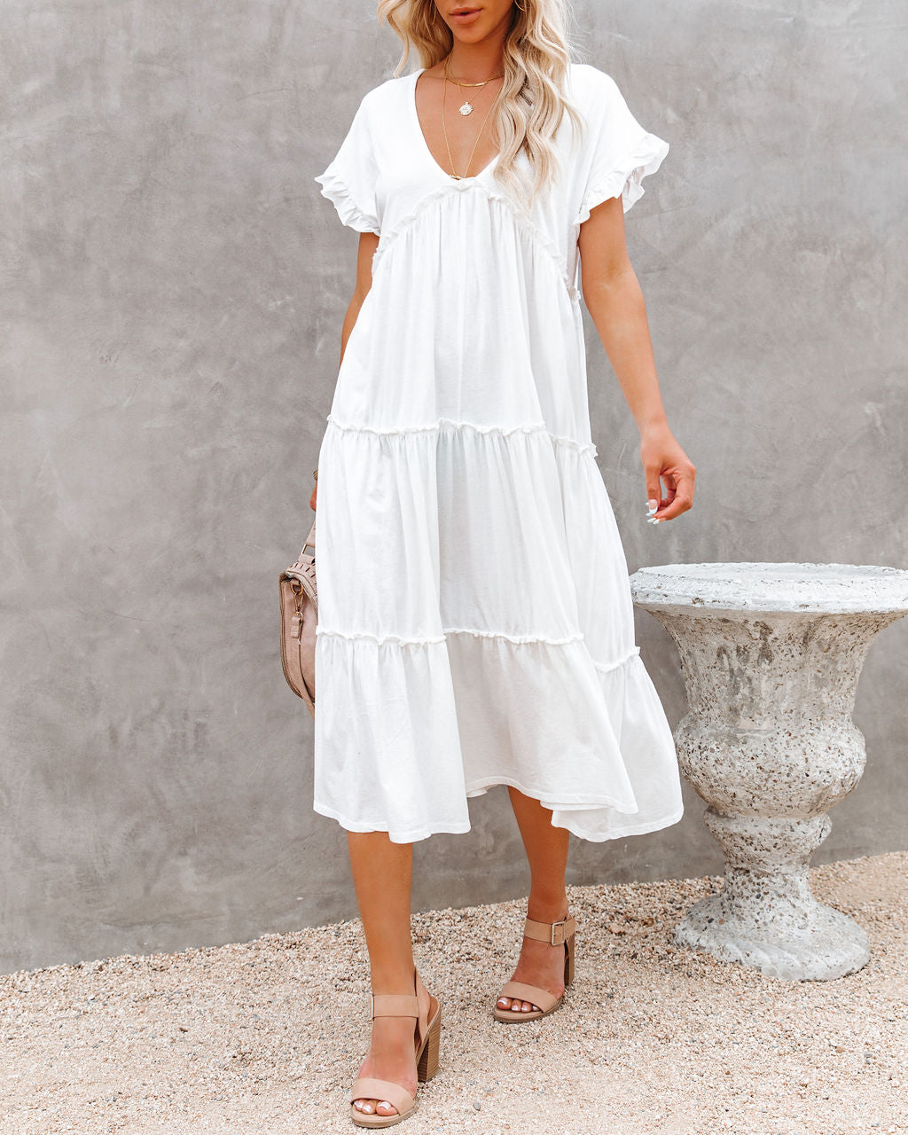 Cotton Avalon Ruffle Tiered Midi Dress White