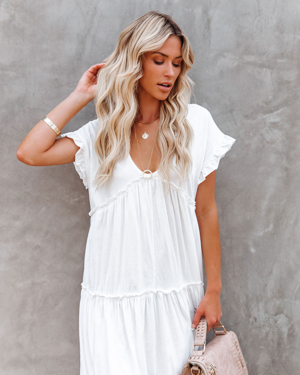 Cotton Avalon Ruffle Tiered Midi Dress White