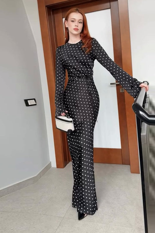 Polka Dot Black Lengthy Sleeve Waist Tie Maxi Dress