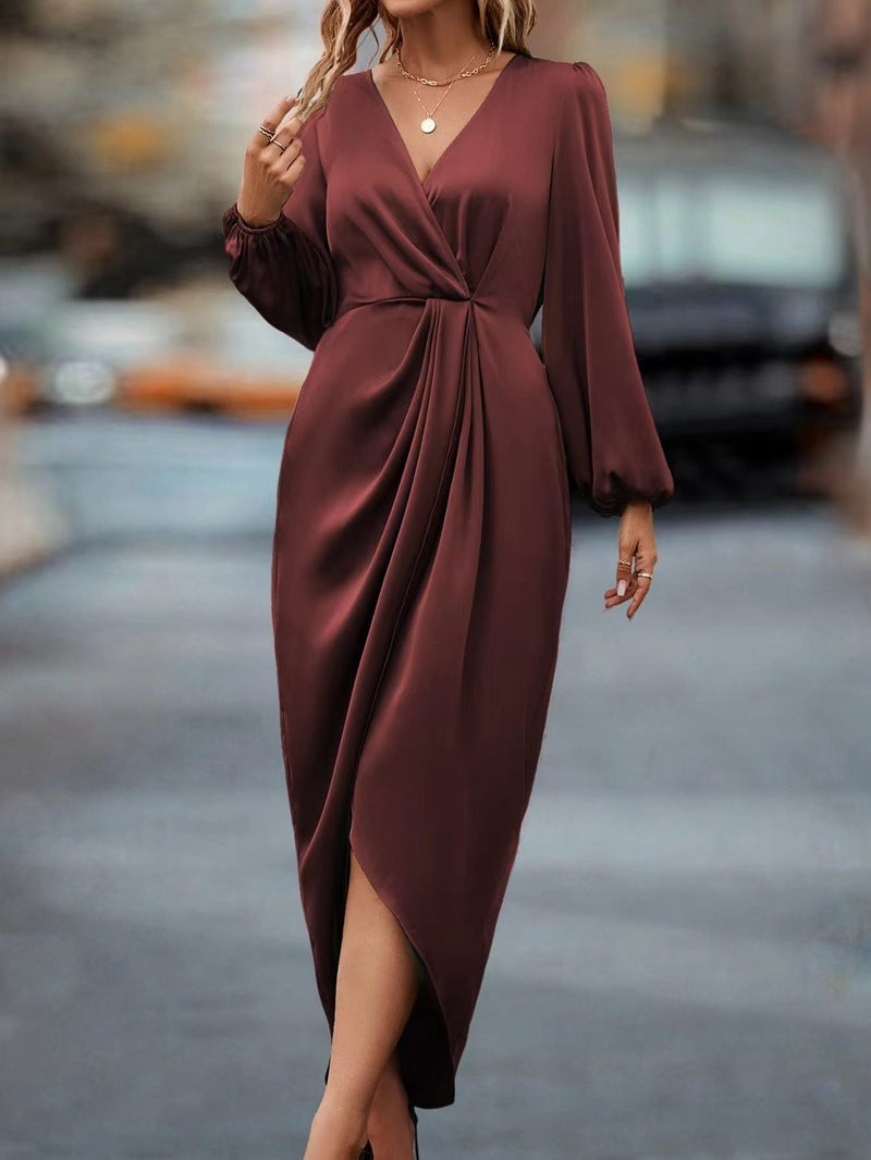 Graceful Red Draped V Neck Midi Dress