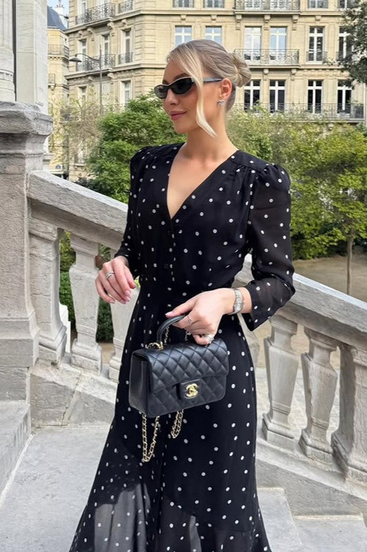 Polka Dot Print VNeck Longline Sleeve Maxi Dress
