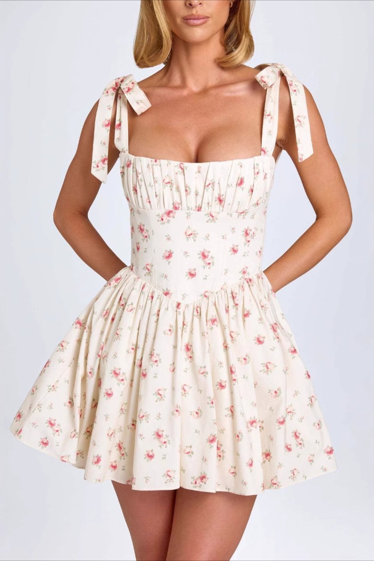 Neck Square Bow Tie Mini Dress