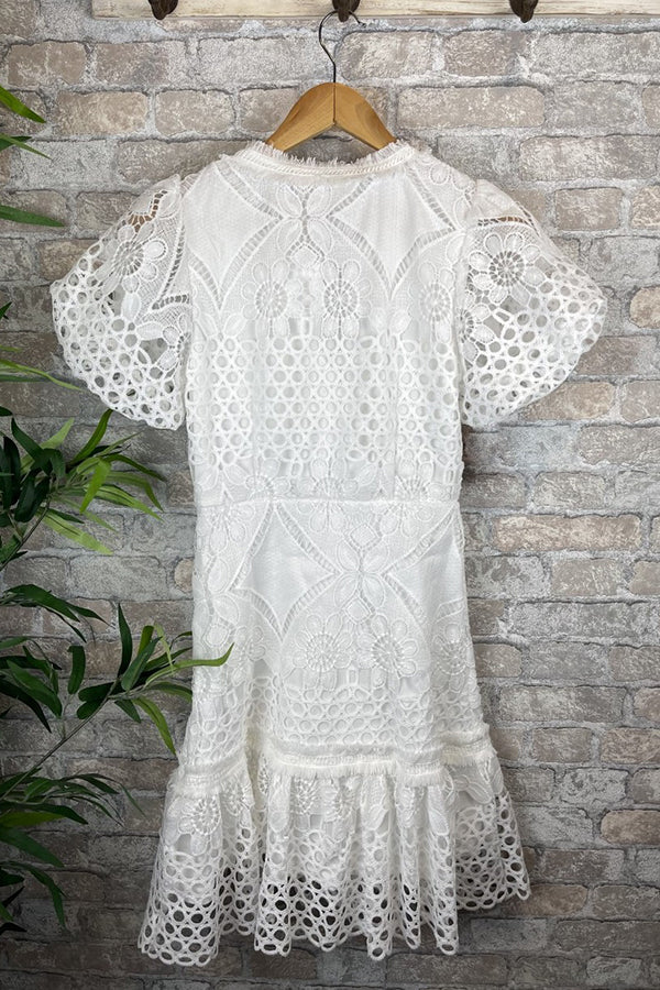 Effortless Gilda Sweet Valor Crochet Lace Mini Dress with Puff Sleeves and Buttons Elevated Occasion Wear