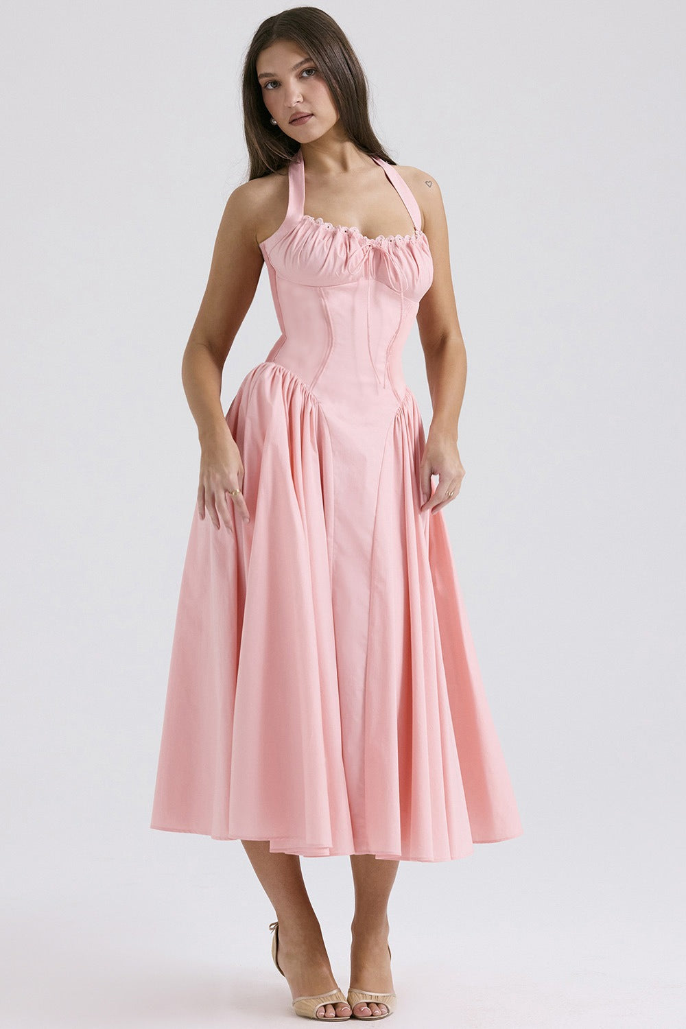 Flower Halter Lace Trim Long Sleeveless Prom Dress