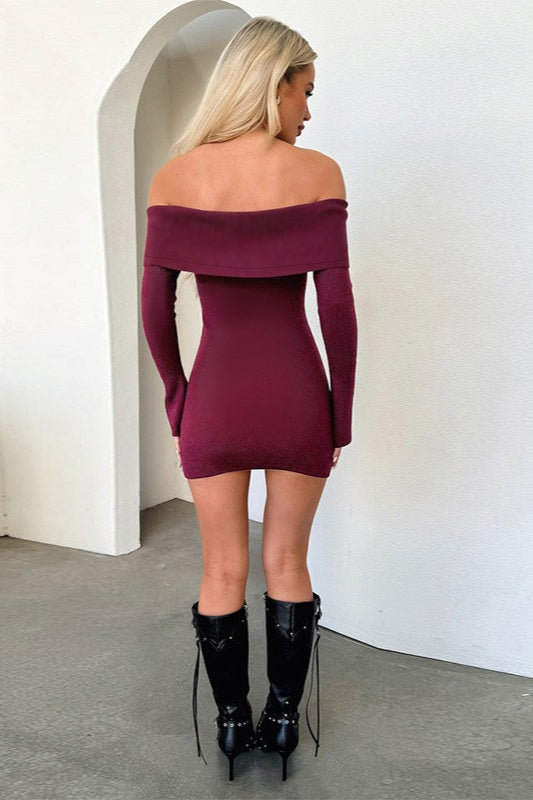 Shoulder Off Knit Slim Mini Dress