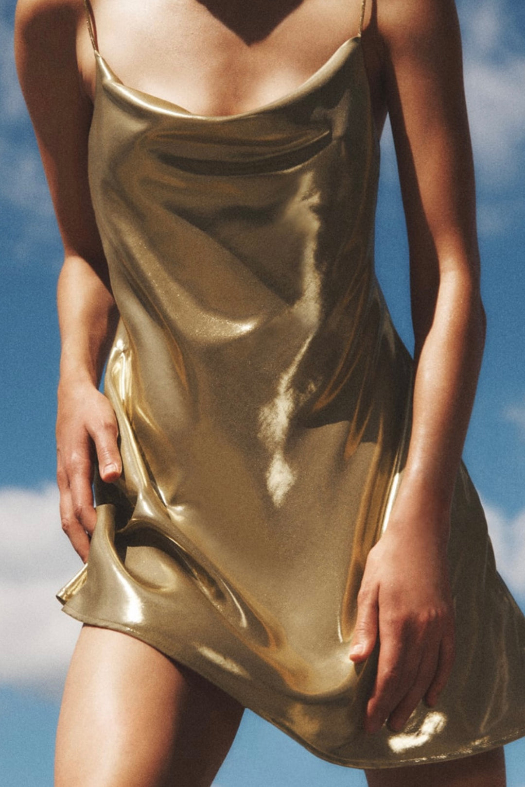 Neck Cowl Metallic Slip Mini Dress