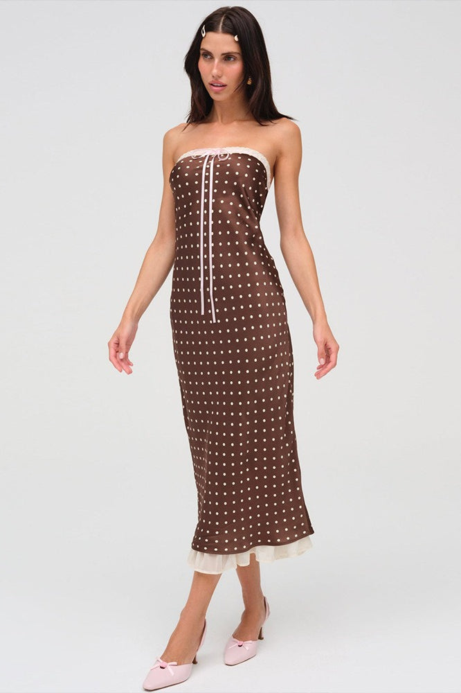 Satin Edition Polka Dot Strapless Backless Maxi Dress