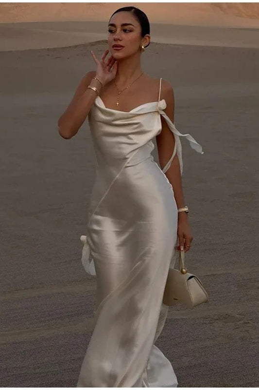 Chic White Satin Backless Maxi Dress