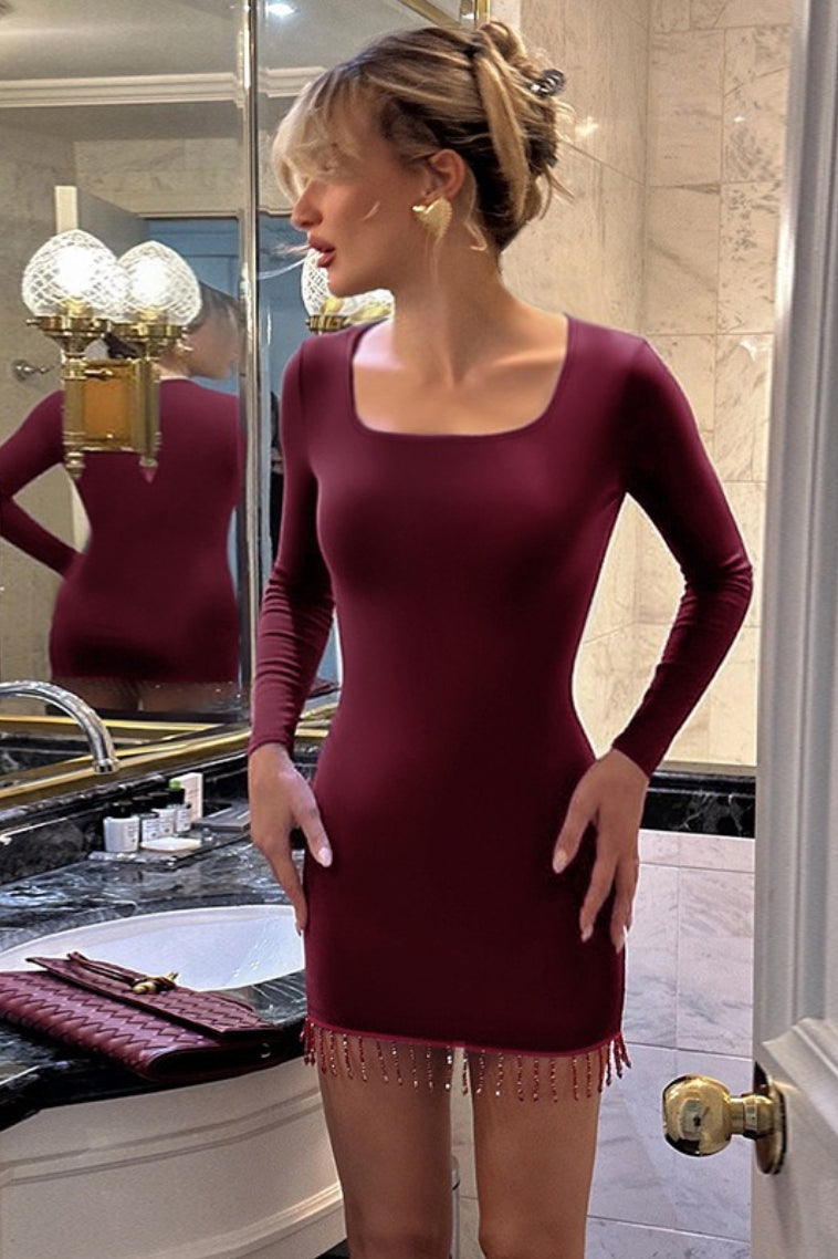U Tassel Neck Bodycon Mini Dress