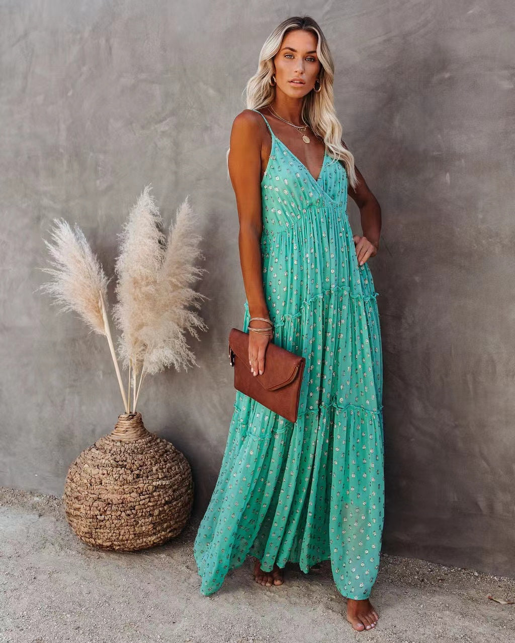 Odessa Metallic Detailed Maxi Dress Teal