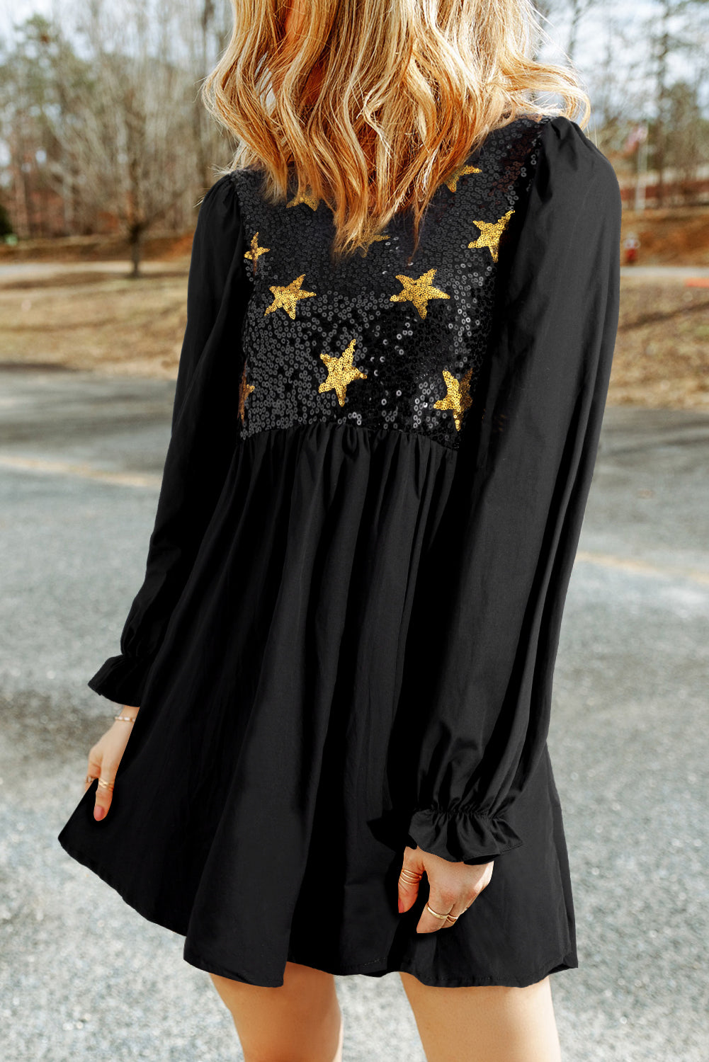 Chic Ana Sequin Star Mini Dress with a Round Neckline and Flounced Sleeves Elevated Occasion Wear