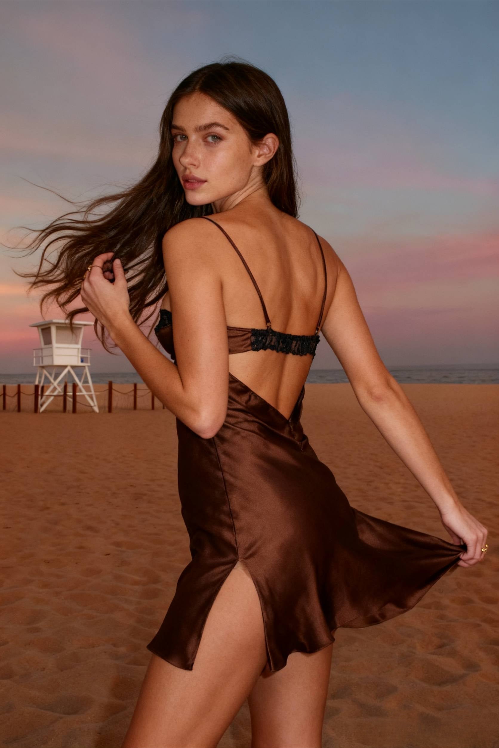 Lace Backless Paneled Trendy Satin Mini Dress