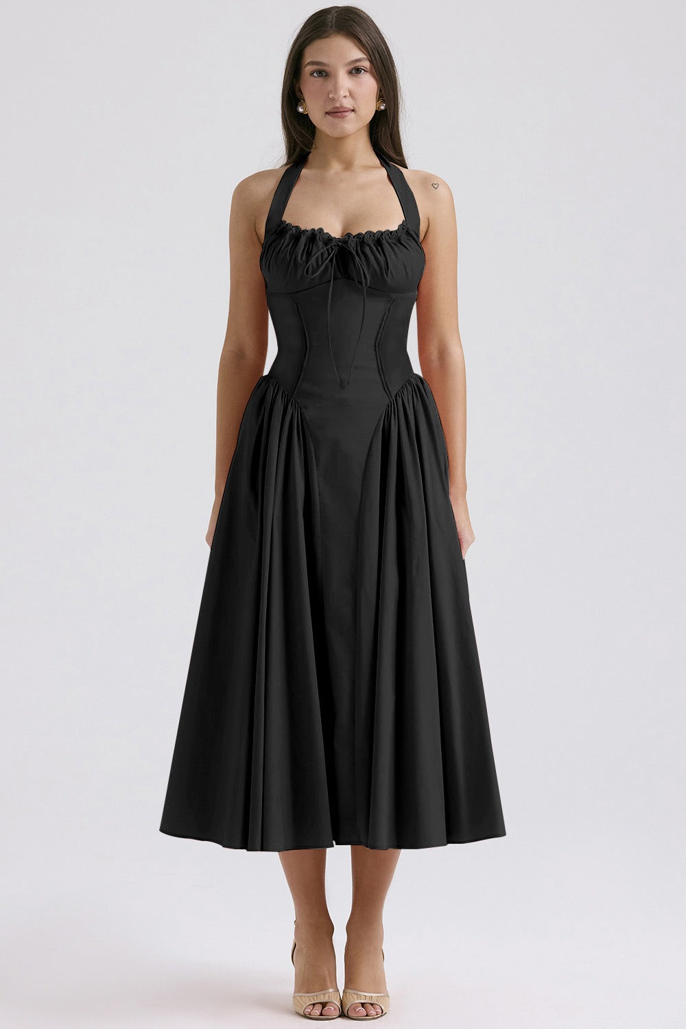 Flower Halter Lace Trim Long Sleeveless Prom Dress