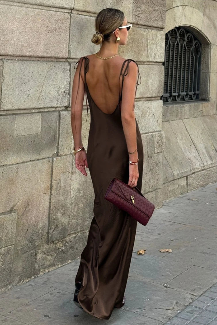 Clacive Trend Loose Brown Satin Maxi Dress