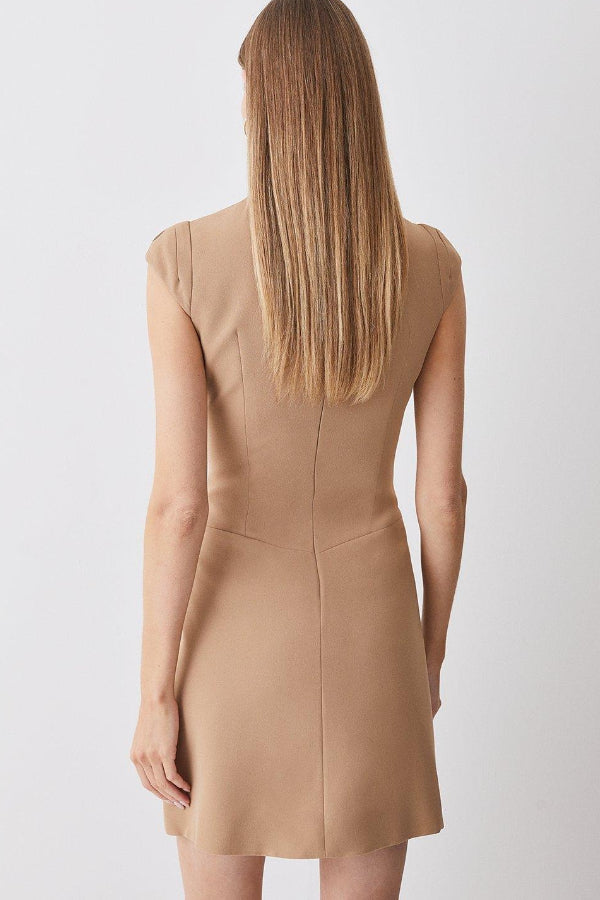 Chic Ariana Military Style Mini Dress with Cap Sleeves, Stand Up Collar and Patchwork Pleated Hem Silhouette Collection