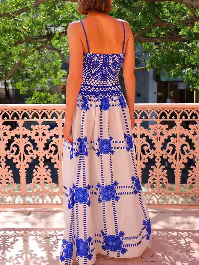 Unique Painted Crochet Bloom Print Midi Dress
